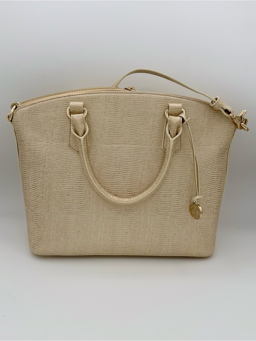 Brahmin Beige Lizard-Embossed Satchel with Gold Hardware